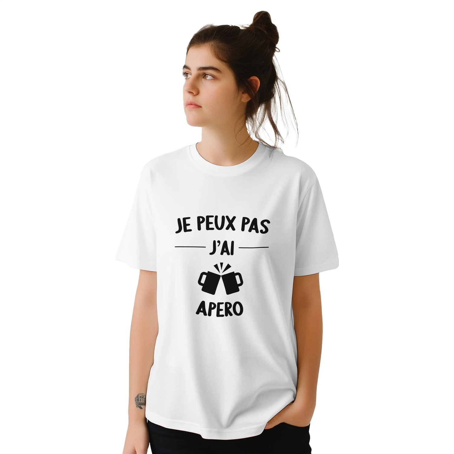 model femme t shirt je peux pas j'ai apéro